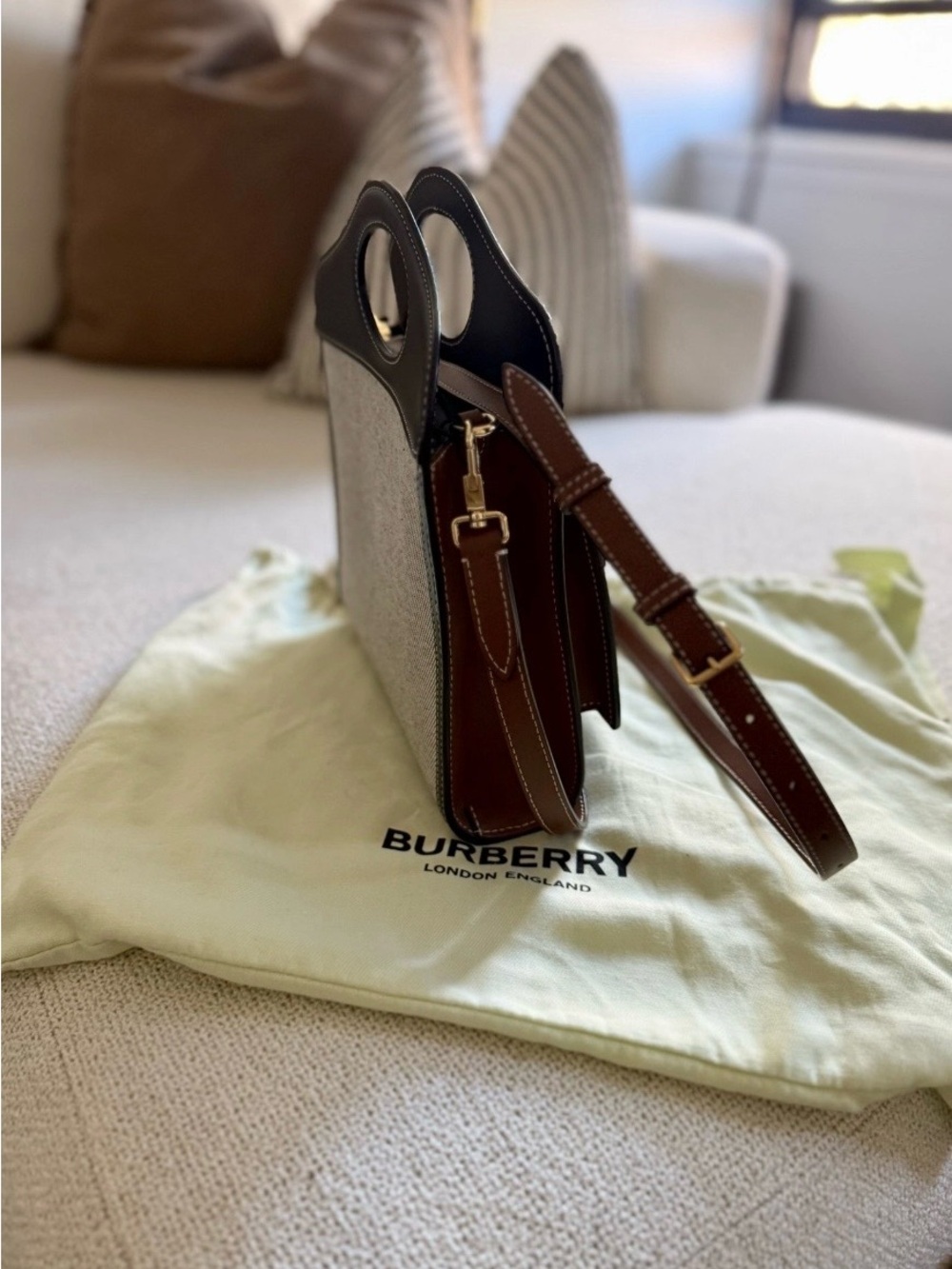 Burberry Black and Natural Canvas Crossbody Tote - Picture 3 of 5